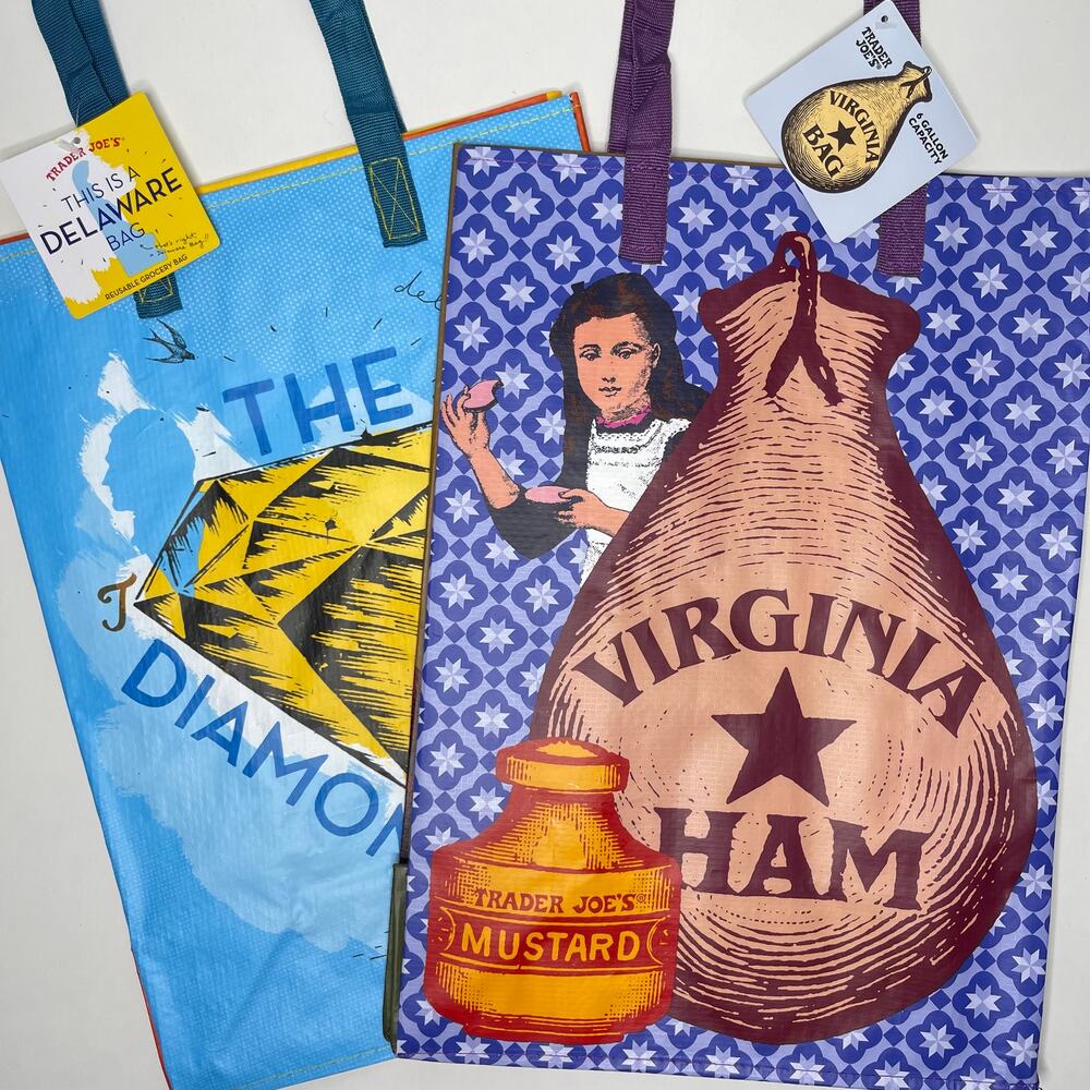 Set of 2 Trader Joe’s State Reusable Tote Bag DELAWARE DE UDEL + VIRGINIA VA HAM